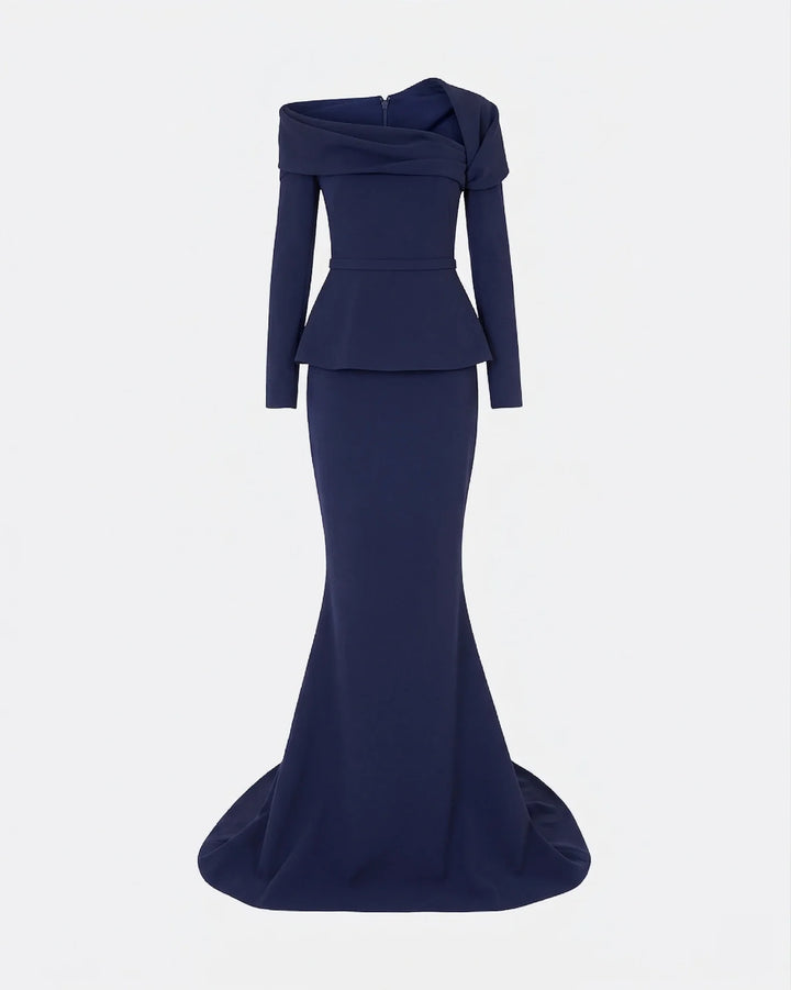 off-shoulder draped gown with peplum waist – SERENL