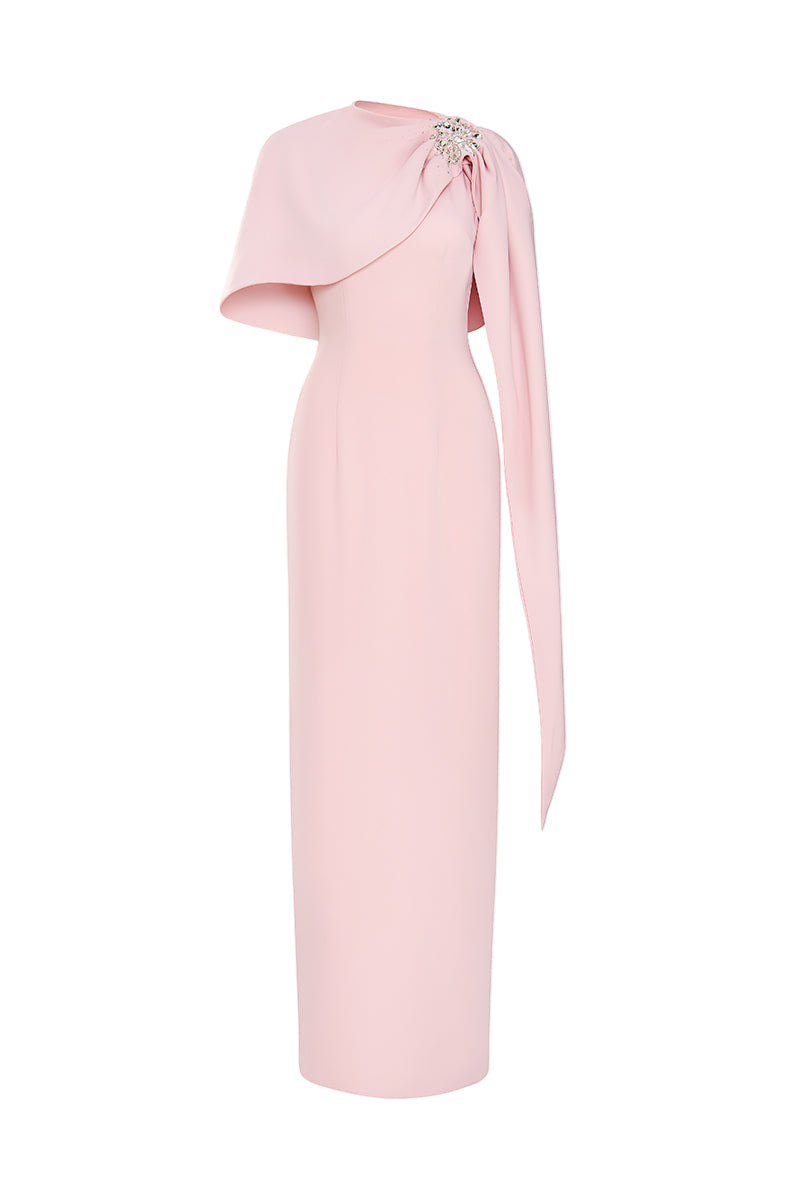 asymmetric cape gown with crystal brooch – ODD- CELINE