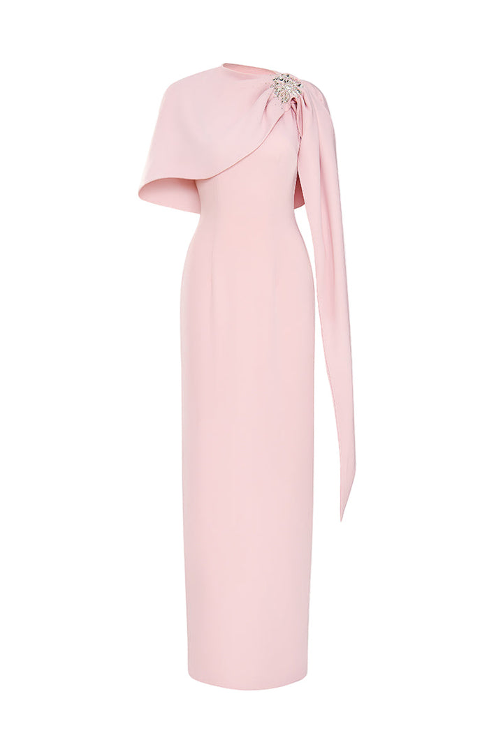 asymmetric cape gown with crystal brooch – ODD- CELINE