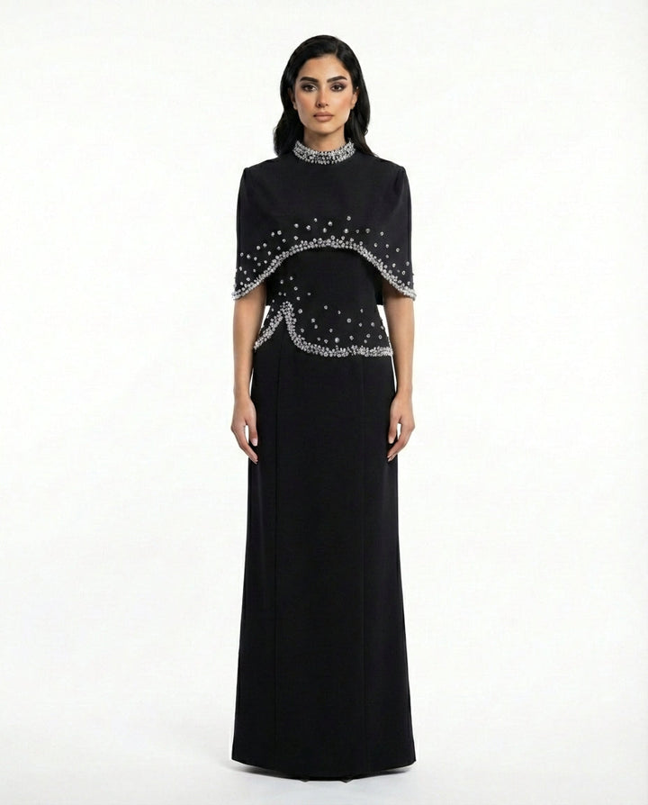 high-neck embellished cape gown – CONSTELLATION