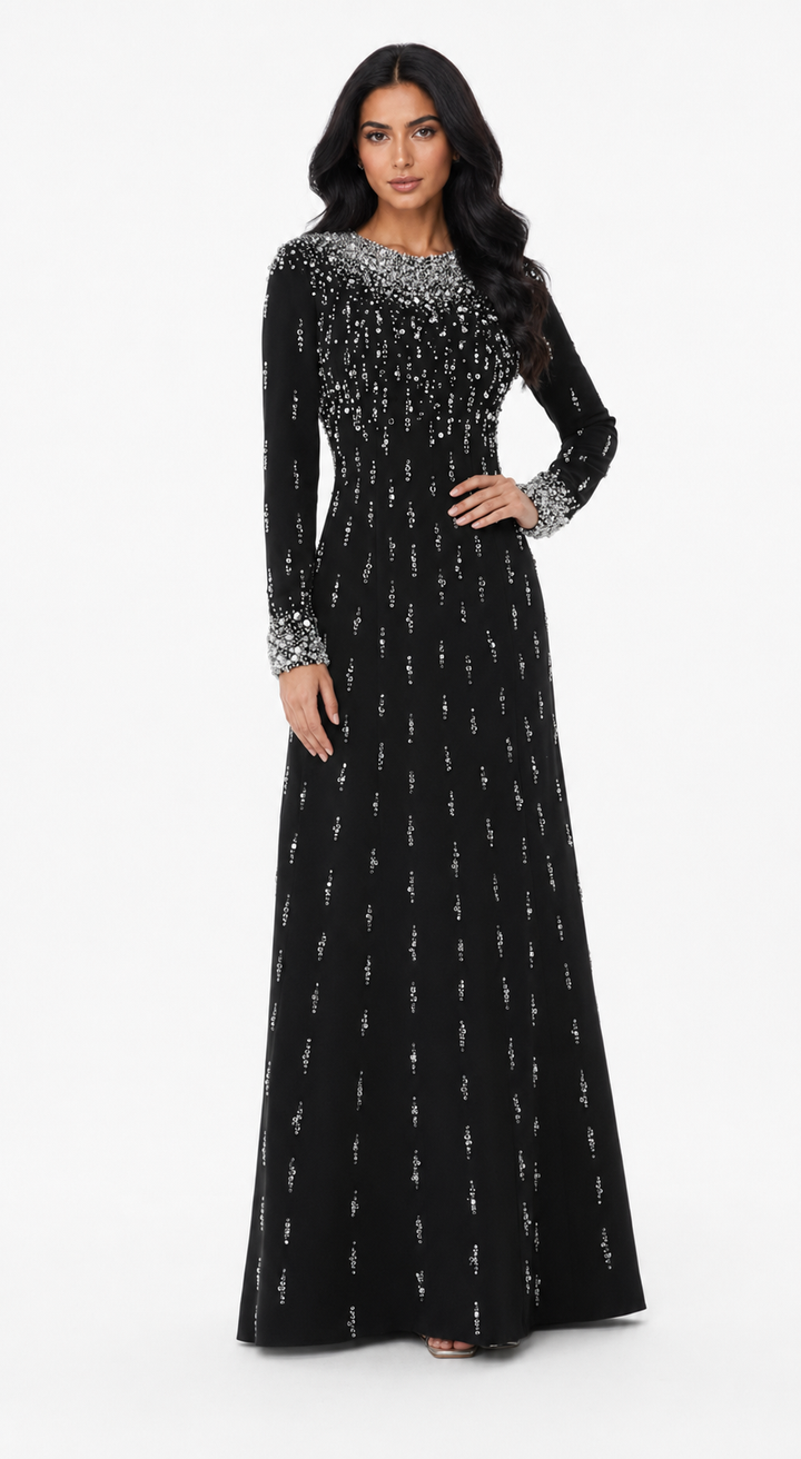 long-sleeve embellished gown with sequin gradient neckline - AMARA