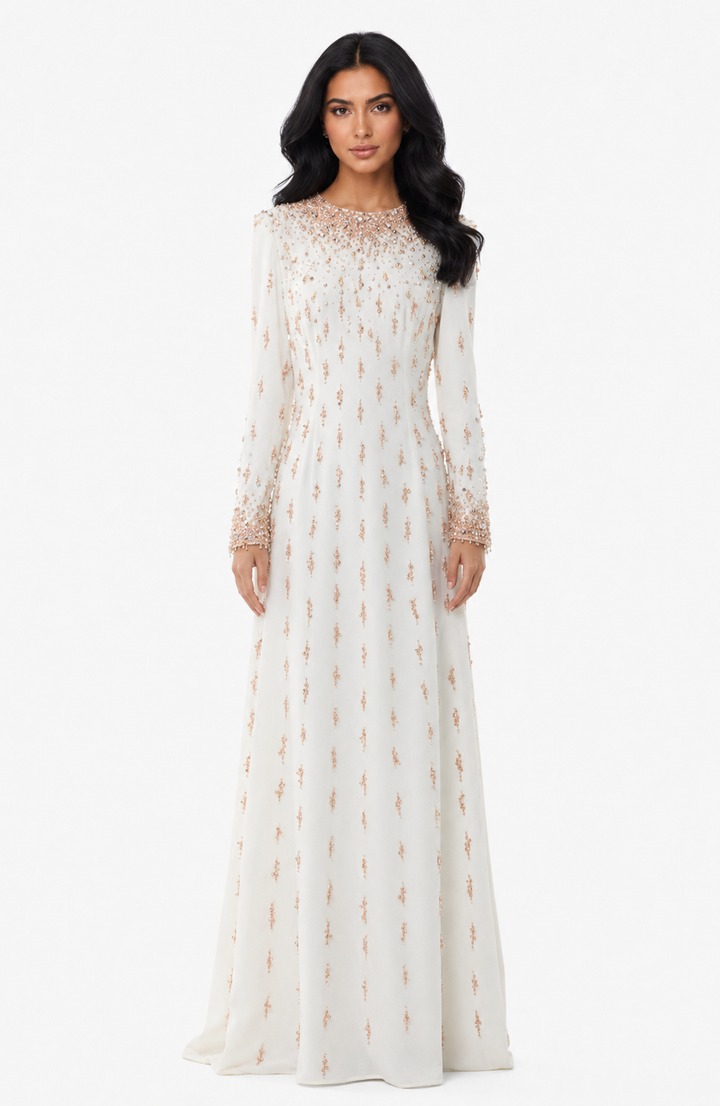 long-sleeve embellished gown with sequin gradient neckline - AMARA