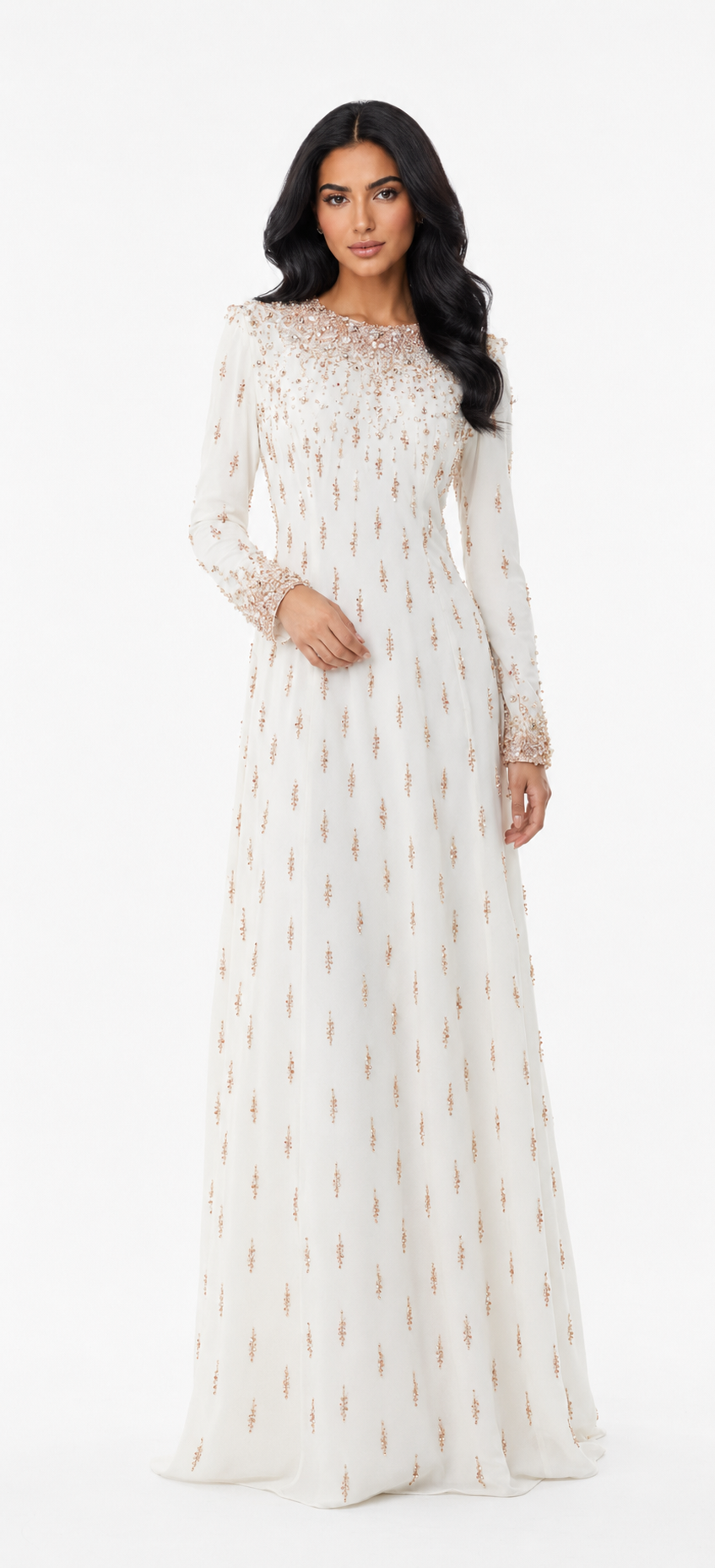 long-sleeve embellished gown with sequin gradient neckline - AMARA