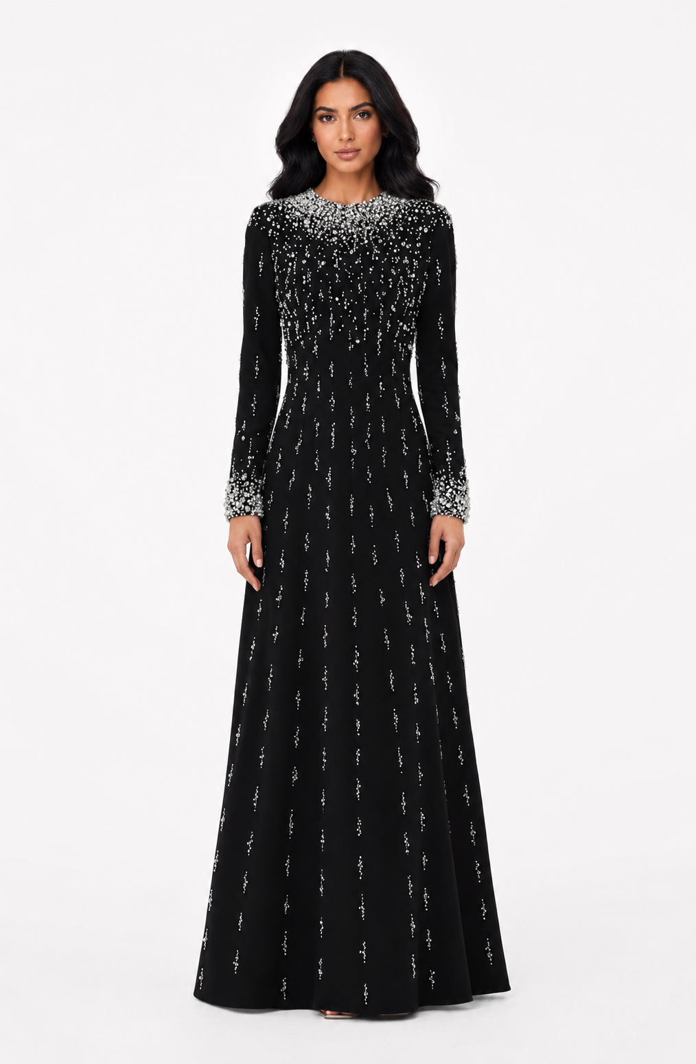 long-sleeve embellished gown with sequin gradient neckline - AMARA