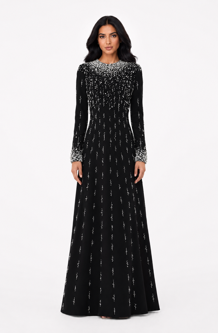 long-sleeve embellished gown with sequin gradient neckline - AMARA