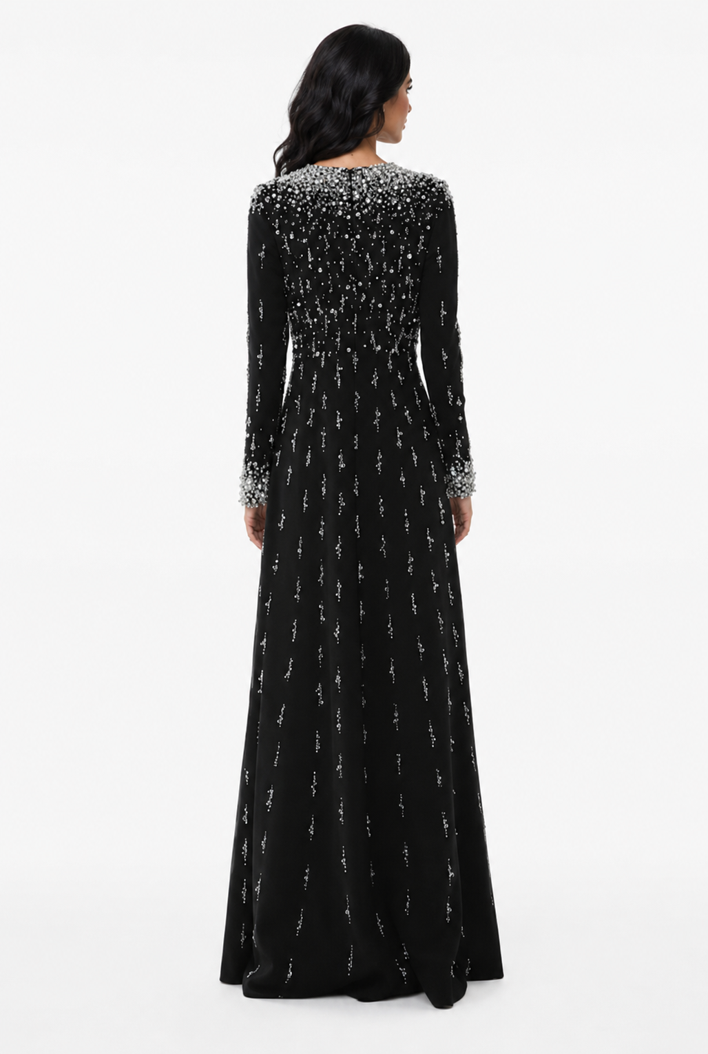 long-sleeve embellished gown with sequin gradient neckline - AMARA