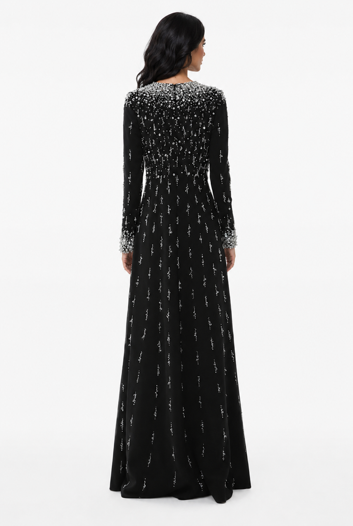 long-sleeve embellished gown with sequin gradient neckline - AMARA