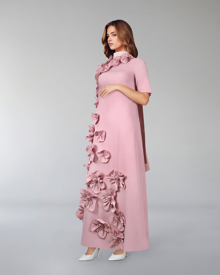 Flowered column dress with satin strips - ODD- ZOISH