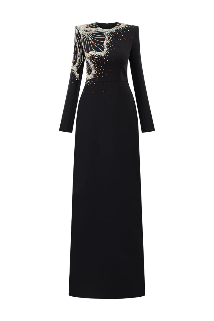 Long-Sleeve Column Dress with Beaded Floral Detail - CELESTE