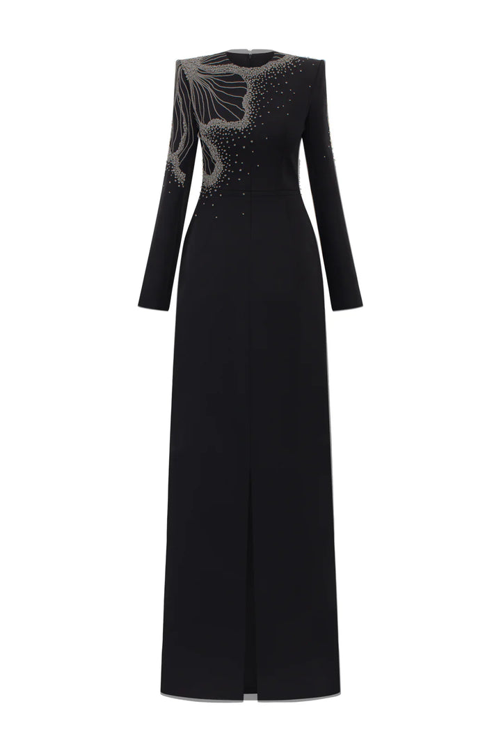 Long-Sleeve Column Dress with Beaded Floral Detail - CELESTE