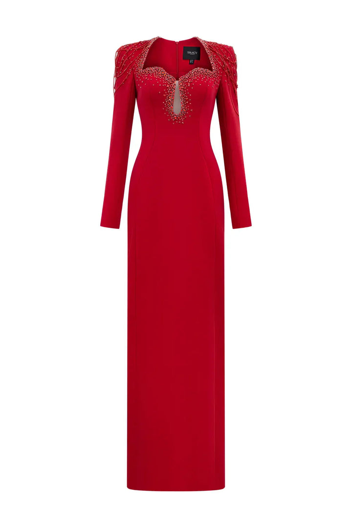 Long-Sleeve Column Dress with Beaded Shoulder Chains - ASTRA