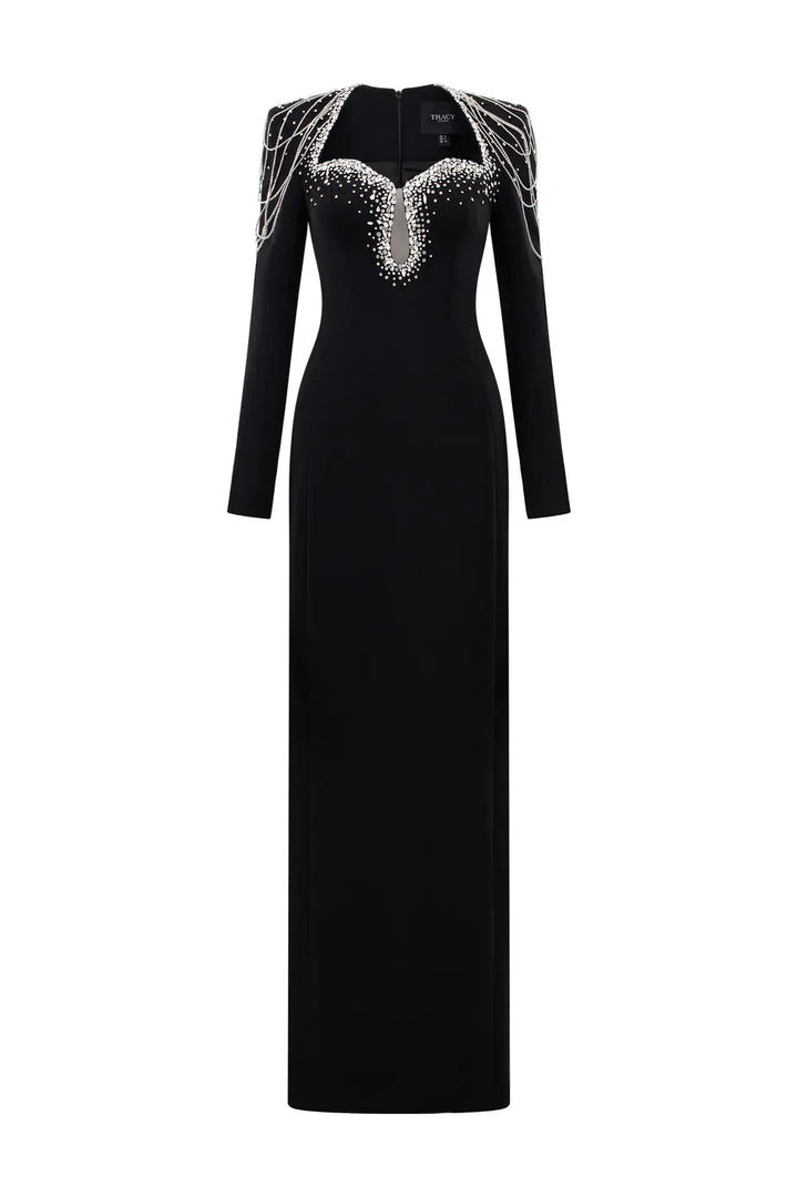 Long-Sleeve Column Dress with Beaded Shoulder Chains - ASTRA