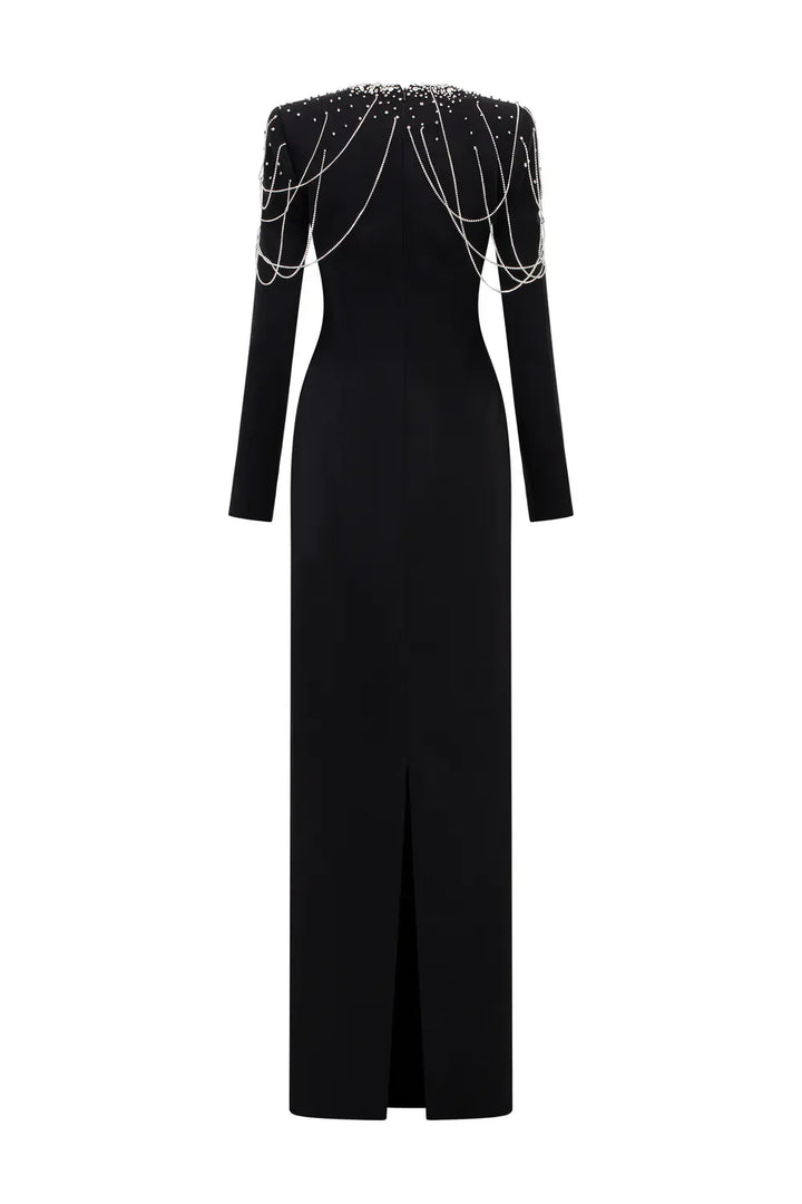 Long-Sleeve Column Dress with Beaded Shoulder Chains - ASTRA