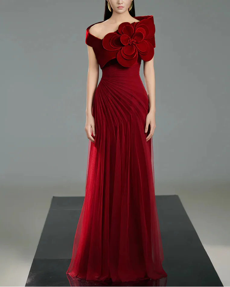 Off-shoulder pleated gown with oversized floral detail – SCARFAH-1