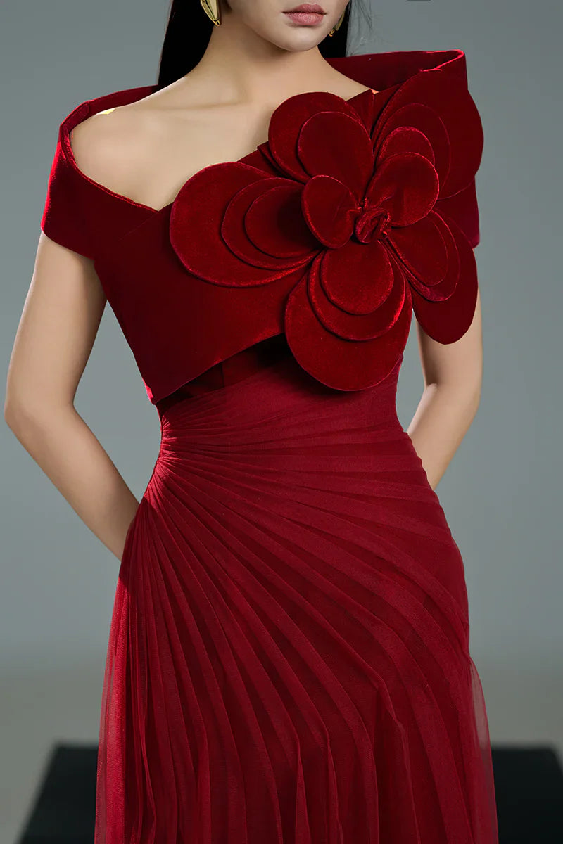 Off-shoulder pleated gown with oversized floral detail – SCARFAH-1