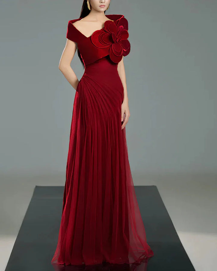 Off-shoulder pleated gown with oversized floral detail – SCARFAH-1