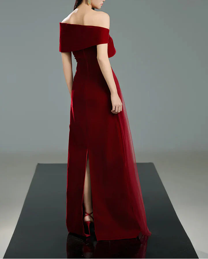 Off-shoulder pleated gown with oversized floral detail – SCARFAH-1