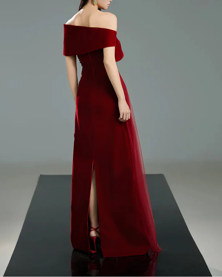 Off-shoulder pleated gown with oversized floral detail – SCARFAH-1