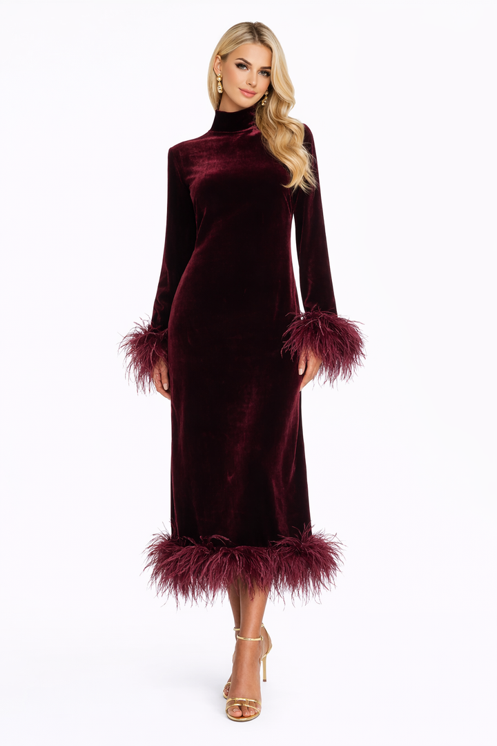 long sleeve velvet midi dress with feather trim – BURER