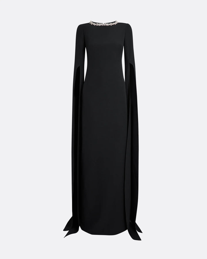 cape-sleeve column gown with crystal neckline – MINTA-1