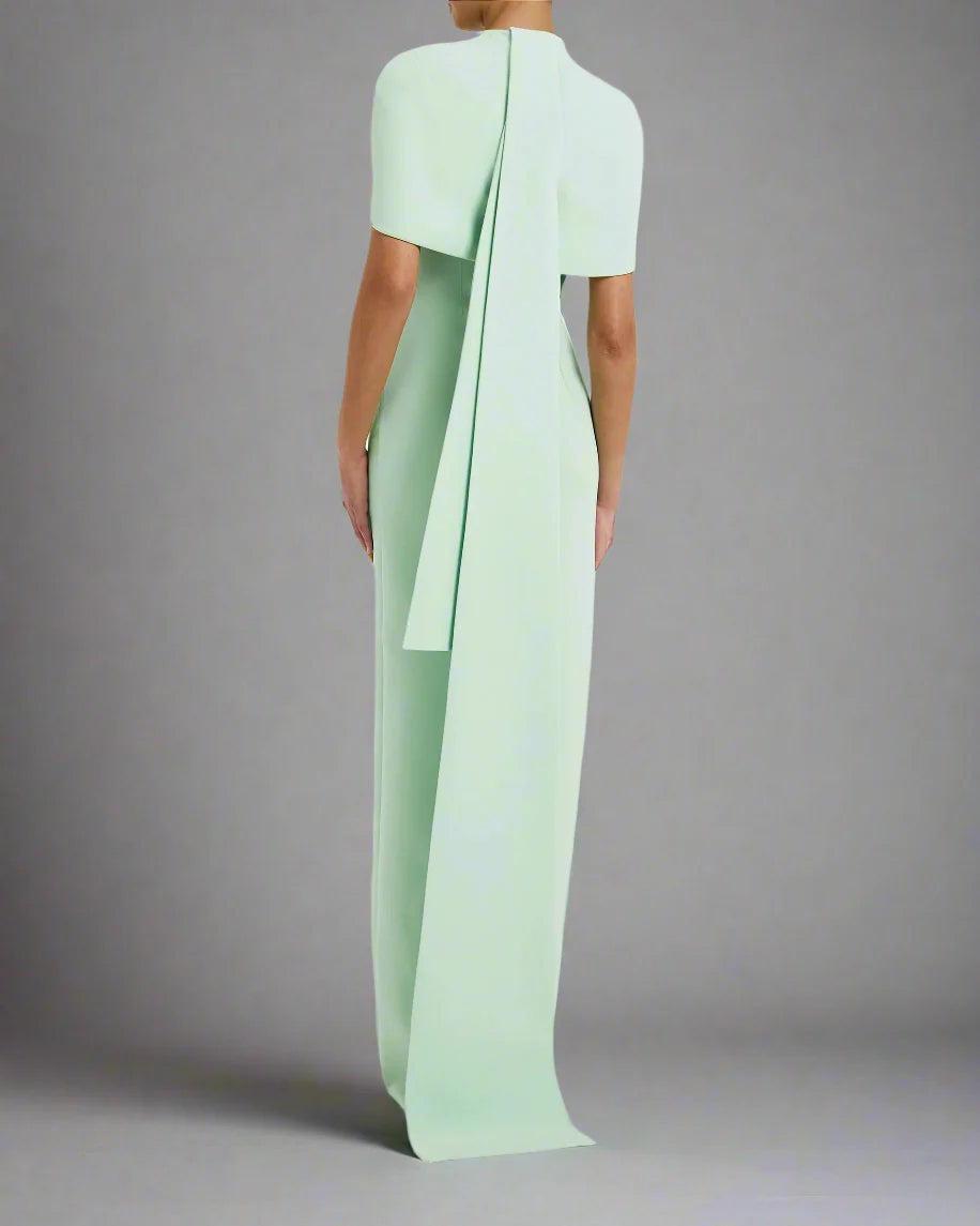 high-neck column dress with sculpted shoulder cape – Gofaan-1