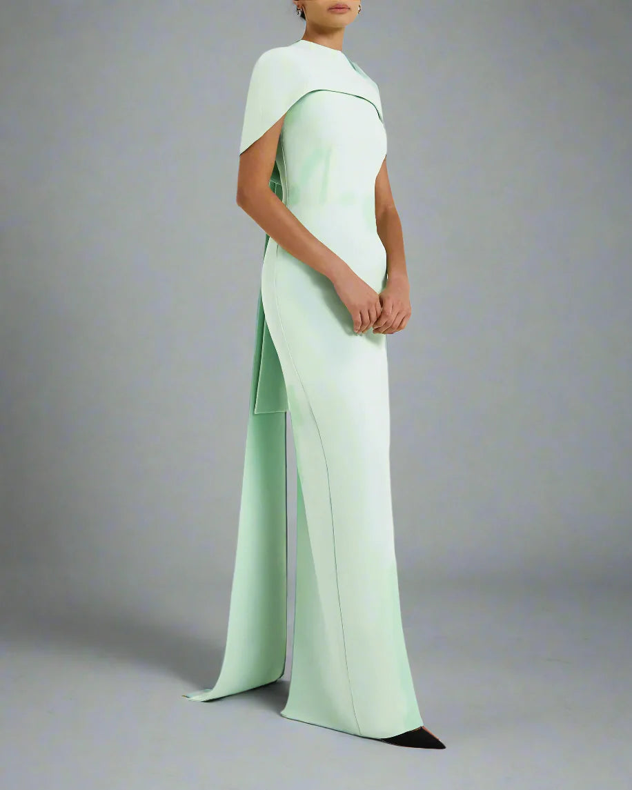high-neck column dress with sculpted shoulder cape – Gofaan-1