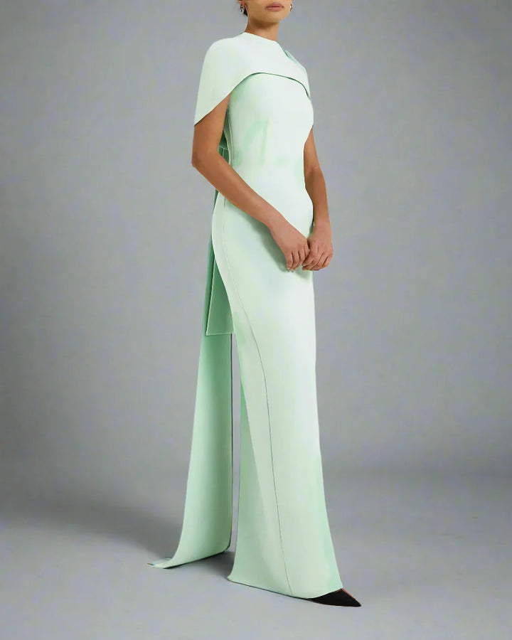 high-neck column dress with sculpted shoulder cape – Gofaan-1