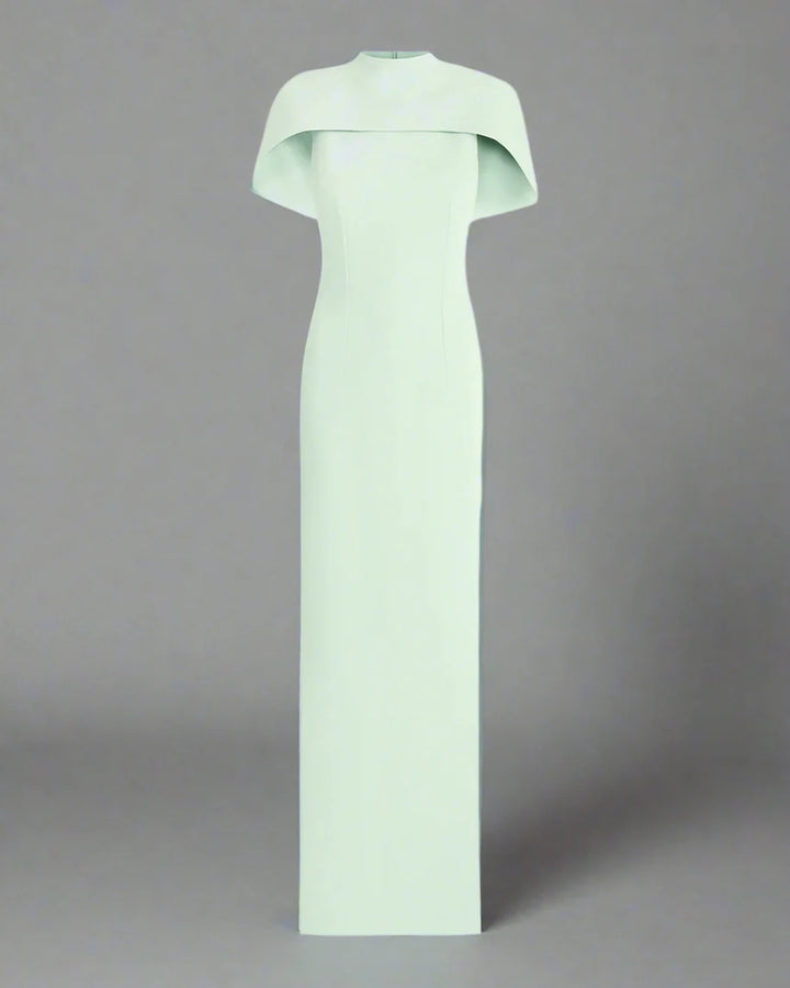 high-neck column dress with sculpted shoulder cape – Gofaan-1