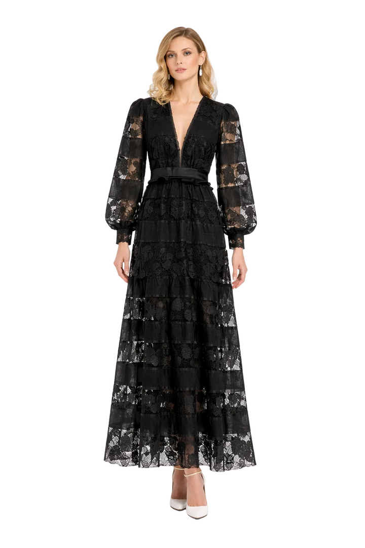 deep V lace maxi dress with tiered satin panels – TIYAH