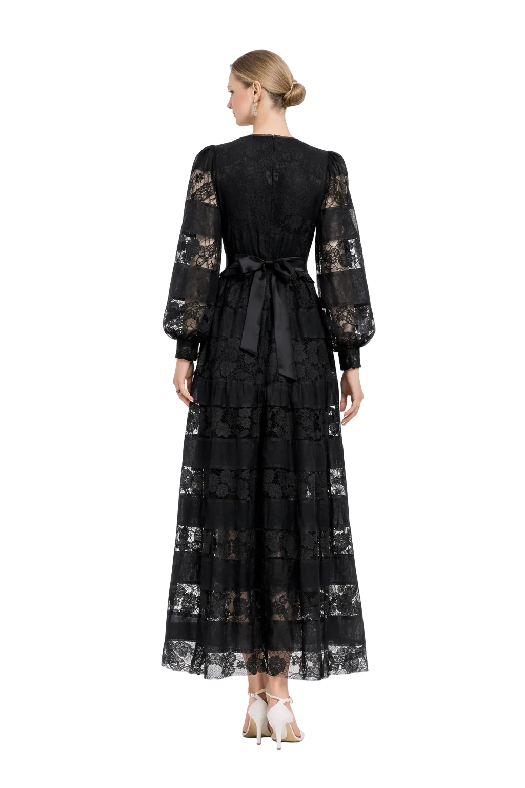 deep V lace maxi dress with tiered satin panels – TIYAH
