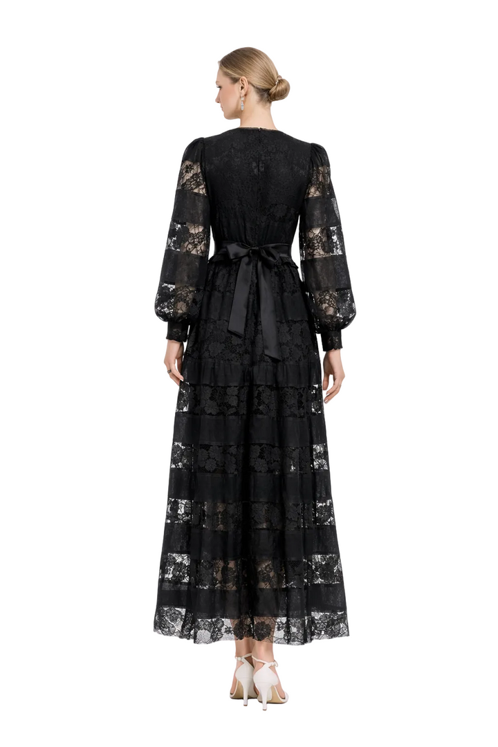 deep V lace maxi dress with tiered satin panels – TIYAH