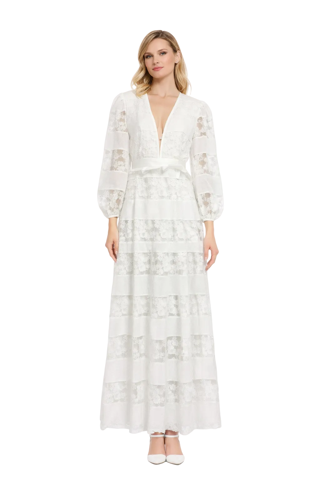 deep V lace maxi dress with tiered satin panels – TIYAH