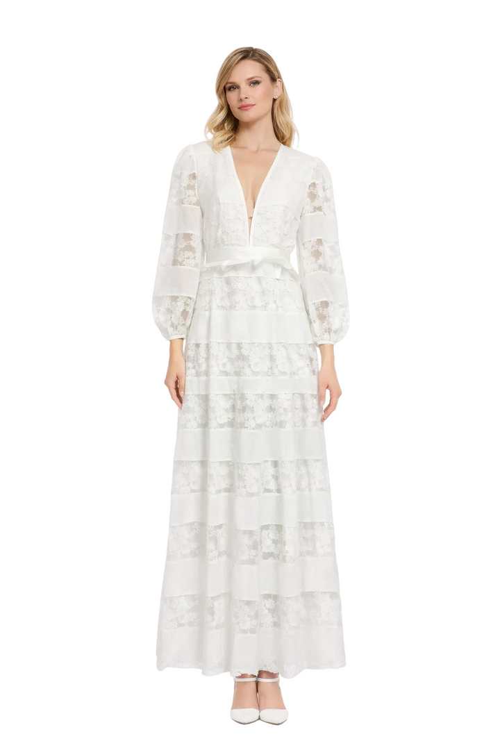 deep V lace maxi dress with tiered satin panels – TIYAH