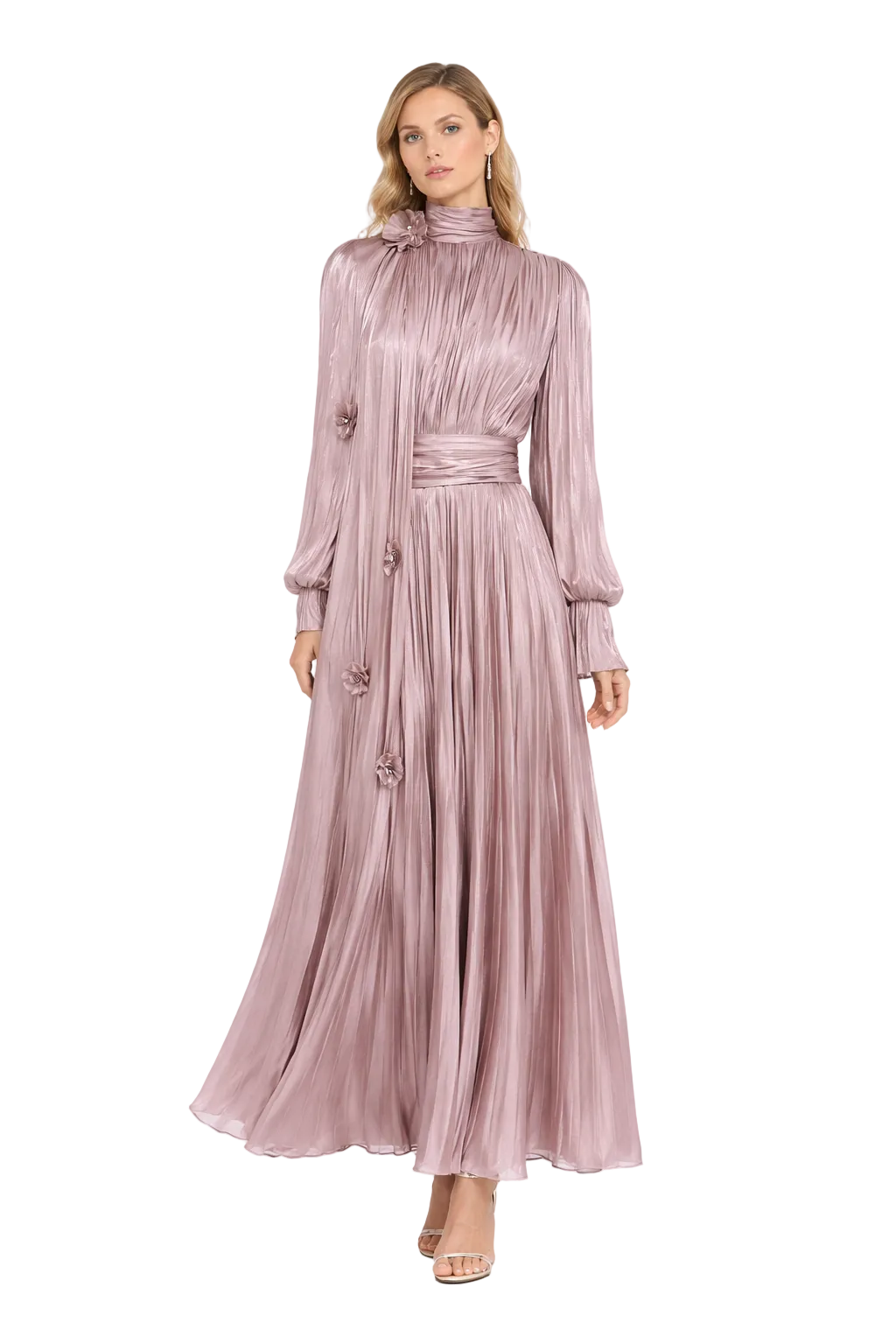 pleated satin maxi dress with draped shoulder cape – SERAPHINA