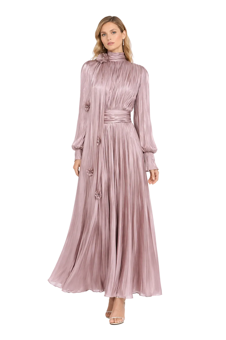 pleated satin maxi dress with draped shoulder cape – SERAPHINA
