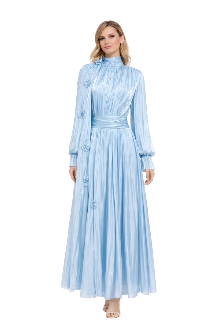 pleated satin maxi dress with draped shoulder cape – SERAPHINA