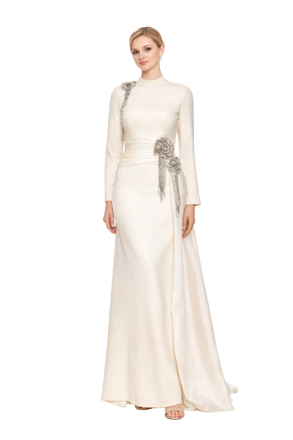 high neck satin maxi dress with crystal embellishments and side bow – CELESTE