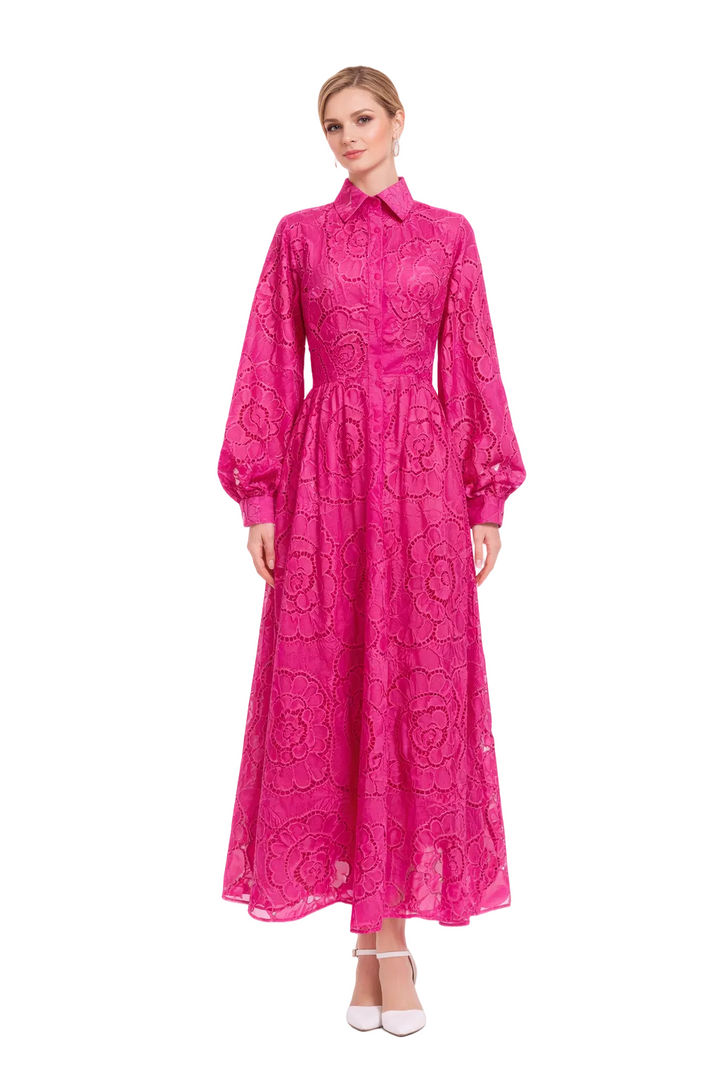 collared lace maxi dress with puff sleeves – DELYA