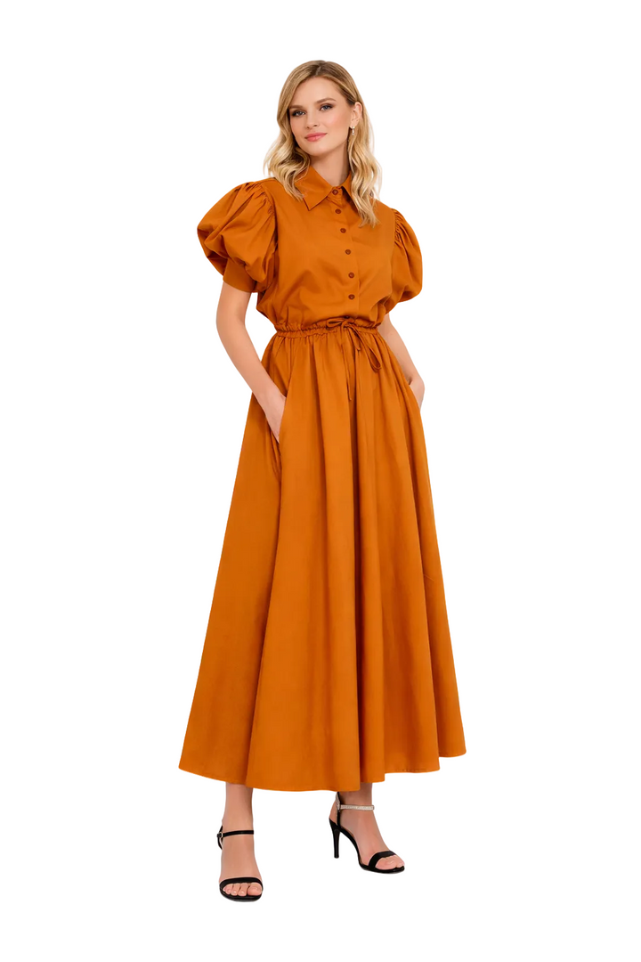 puff sleeve shirt maxi dress with drawstring waist – EMILYA