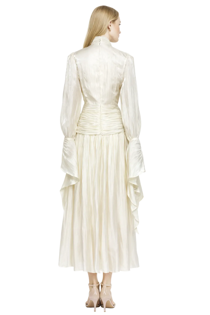 ruched high neck chiffon maxi dress with sheer sleeves – LUMIÈRE