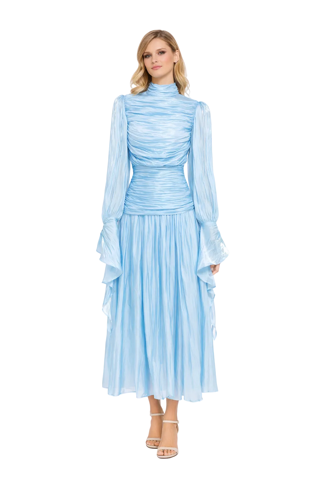 ruched high neck chiffon maxi dress with sheer sleeves – LUMIÈRE