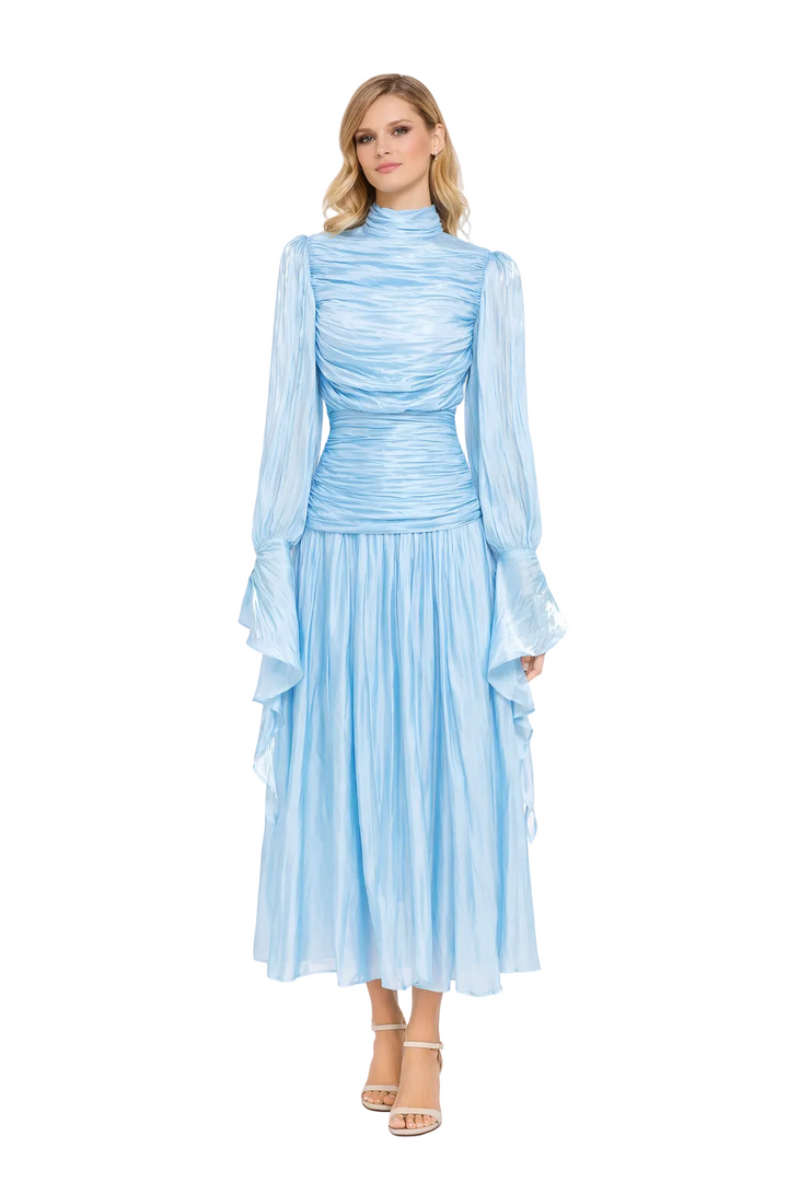 ruched high neck chiffon maxi dress with sheer sleeves – LUMIÈRE