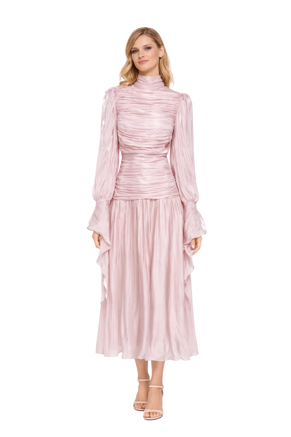 ruched high neck chiffon maxi dress with sheer sleeves – LUMIÈRE