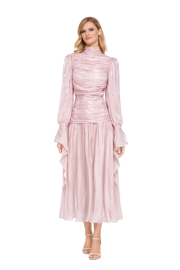 ruched high neck chiffon maxi dress with sheer sleeves – LUMIÈRE