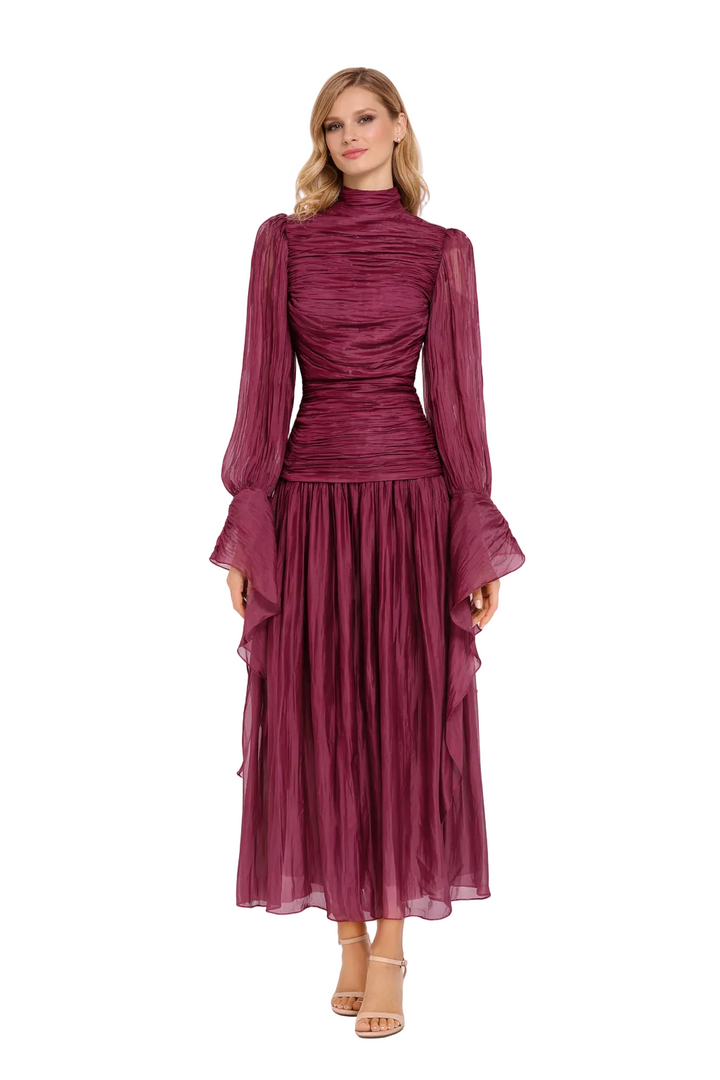 ruched high neck chiffon maxi dress with sheer sleeves – LUMIÈRE
