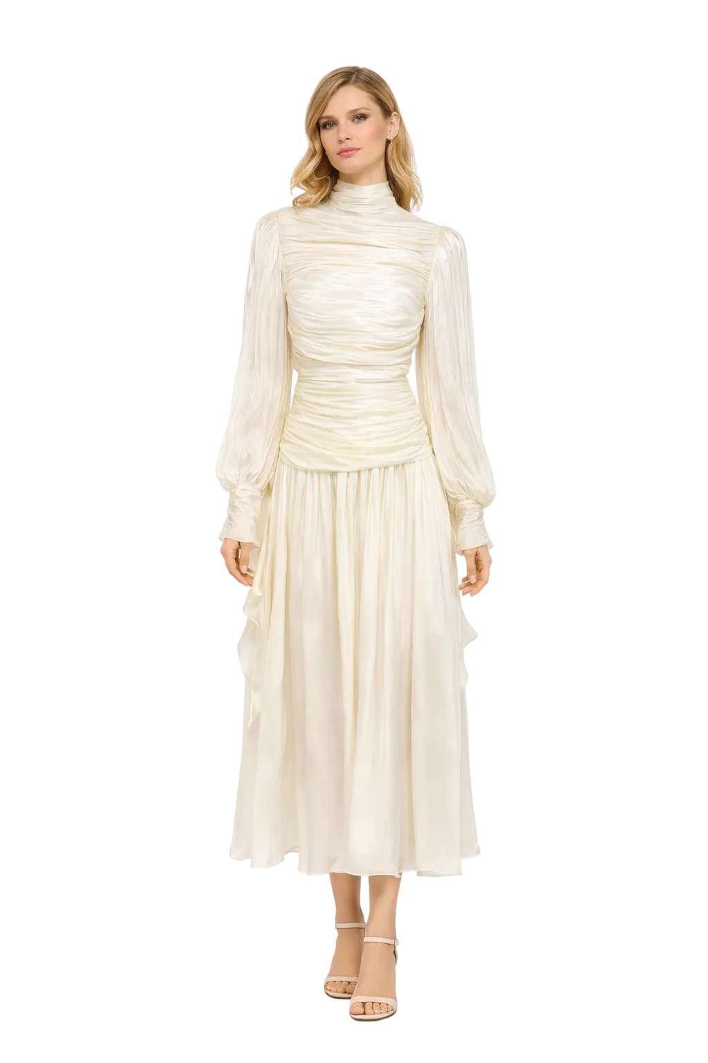 ruched high neck chiffon maxi dress with sheer sleeves – LUMIÈRE
