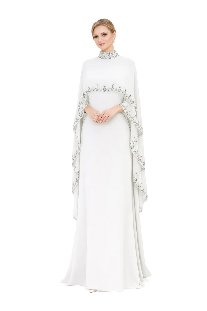 embroidered cape sleeve maxi dress with high neckline – RUBELLA