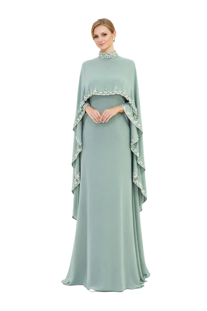 embroidered cape sleeve maxi dress with high neckline – RUBELLA