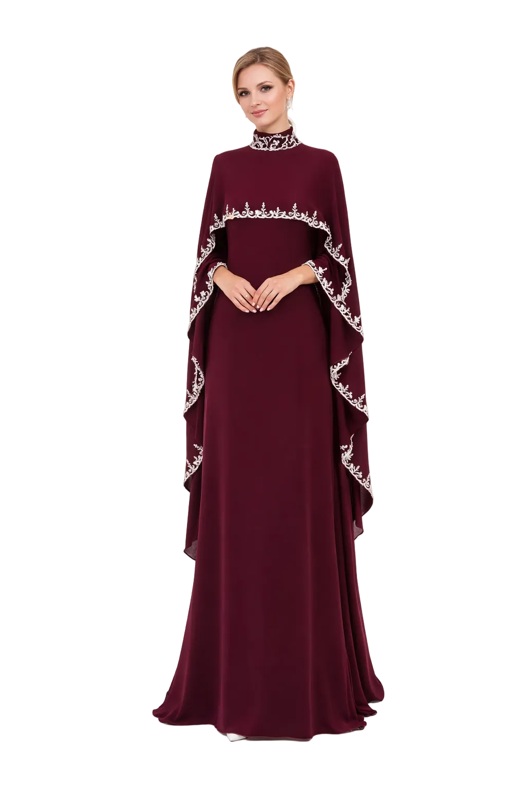 embroidered cape sleeve maxi dress with high neckline – RUBELLA