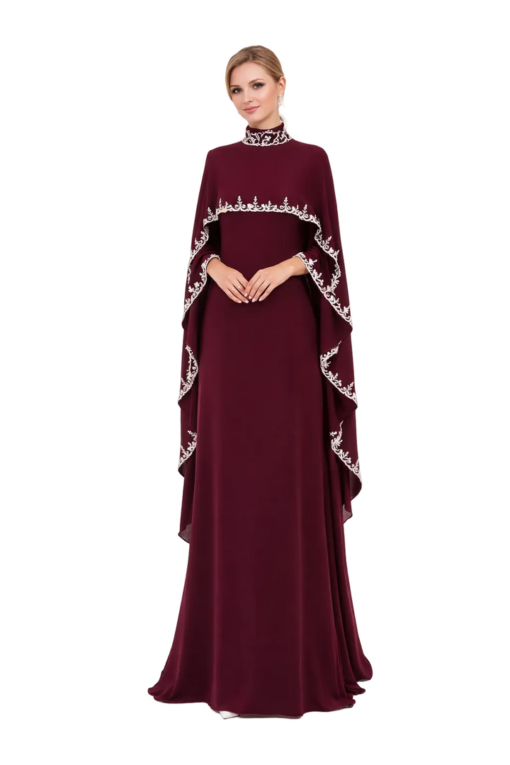 embroidered cape sleeve maxi dress with high neckline – RUBELLA